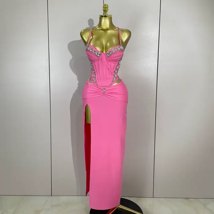 Robe à bandes rose, élégante, Sexy, dos nu, moulante, sans manches, pour femmes, bal, Club, soirée, 