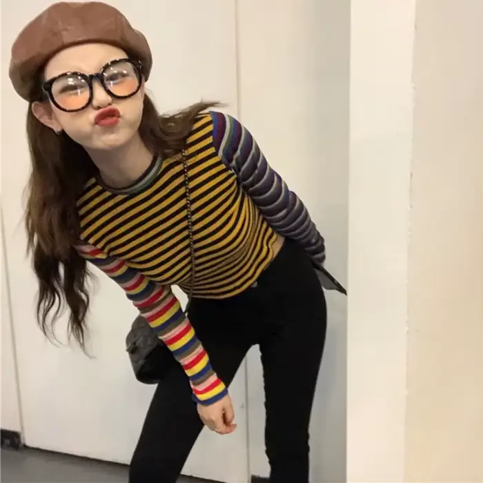 T-shirt pour femmes, Slim, Sexy, rayé, rétro, passe-partout, personnalité douce, Style coréen, pour