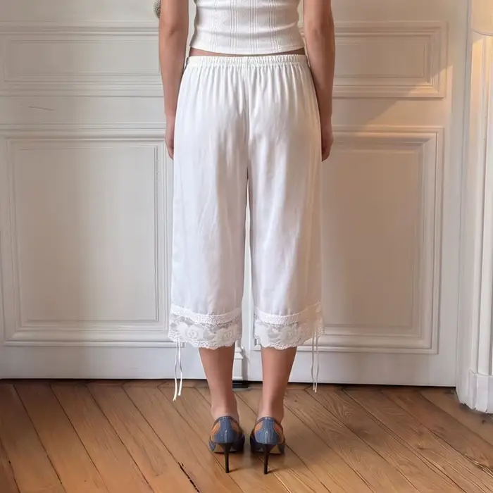 Culottes amples mi-mollet style Cottagecore vintage pour femme, avec dentelle Coquette, pantalon Capri taille élastique, vêtements de détente et de nuit