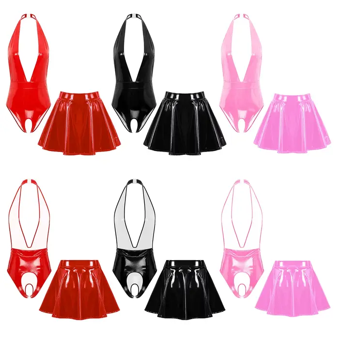 Sissy-Ensemble de lingerie en cuir pour femme, licou, entrejambe ouvert, batterie, mini jupe, vêtements de nuit tentants