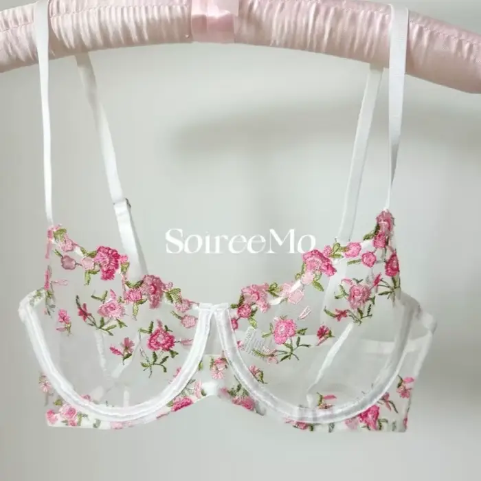 Elegantní francouzská krajková podprsenka, květinová výšivka, průhledný Mesh Bralette s měkkými nitěmi pro velká prsa, luxusní spodní prádlo, britské velikosti, trendy