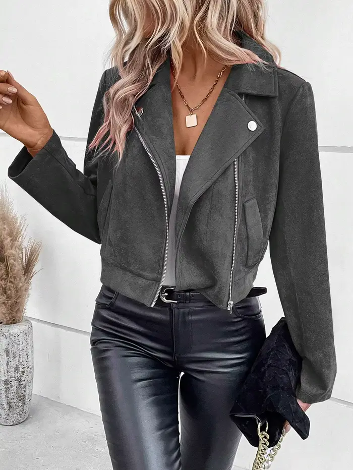 Faux daim femmes Jakcet fermeture éclair mouche revers boutons moto veste en cuir coupe-vent haute r