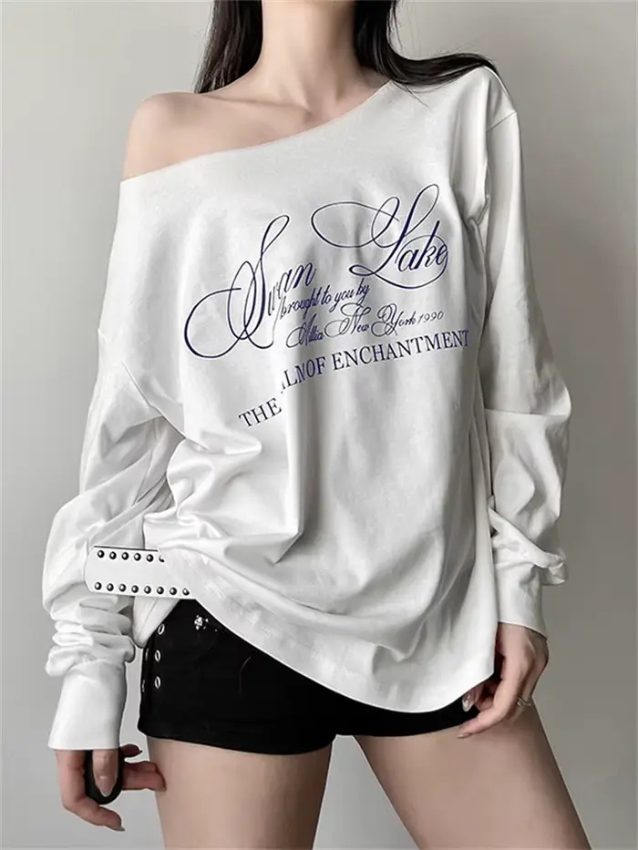Sisterlinda quotidien Style polyvalent T-Shirts femmes lettre impression épaule inclinée manches lon