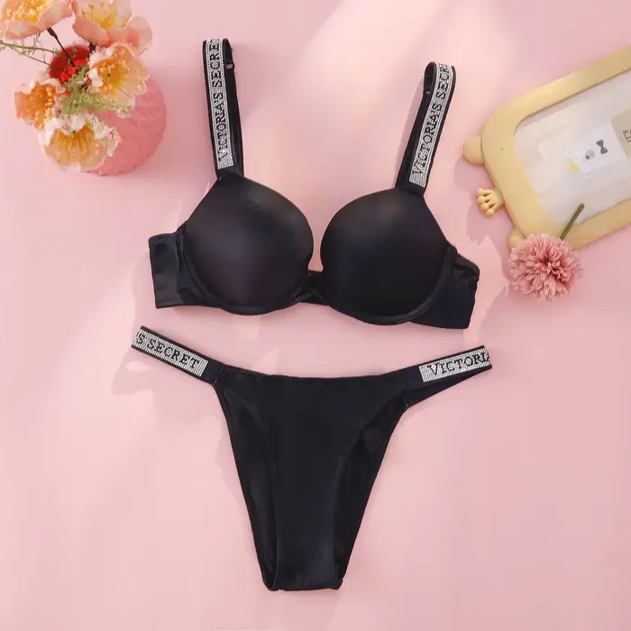 Dámská push-up podprsenka a kalhotky Victoria's Secret, ramínko s logem drahokamu, sexy krajkové spodní prádlo