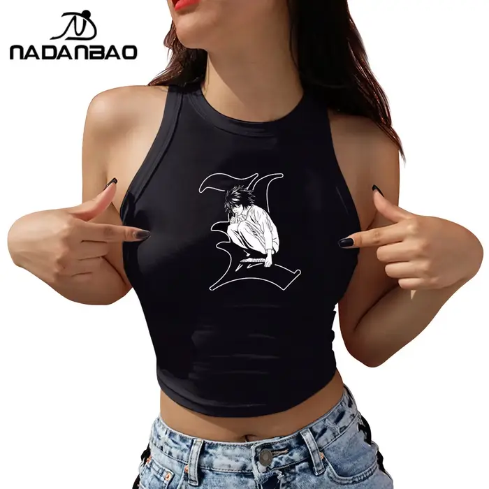 Nadanbao Sexy odhalená ramena krátký top pro ženy japonský Anime Death Note grafický potisk tílko letní ležérní bez rukávů T-Shirt