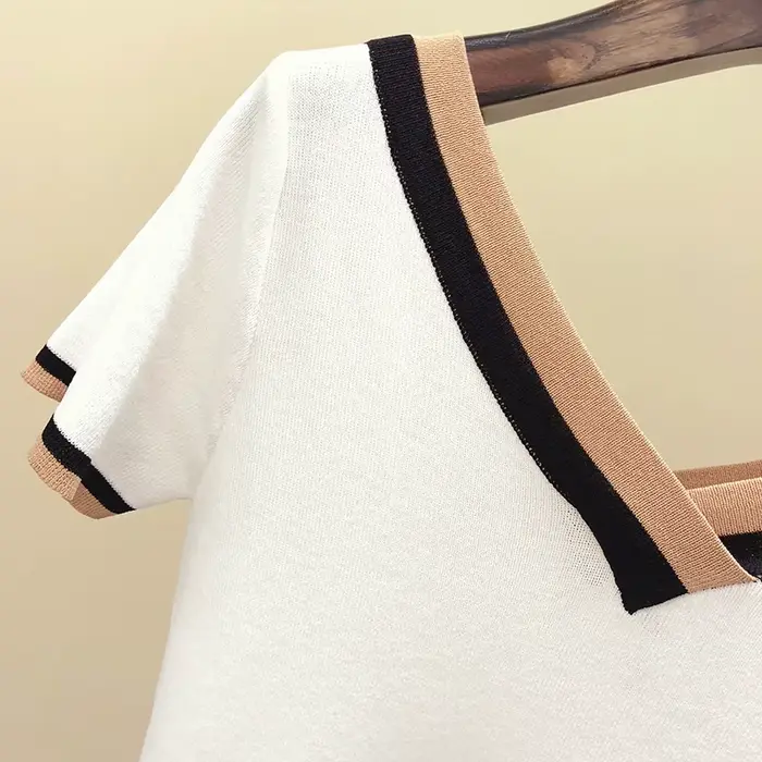 Pull rayé à manches courtes et col en V pour femmes, vêtements côtelés minces, mode estivale, 2024