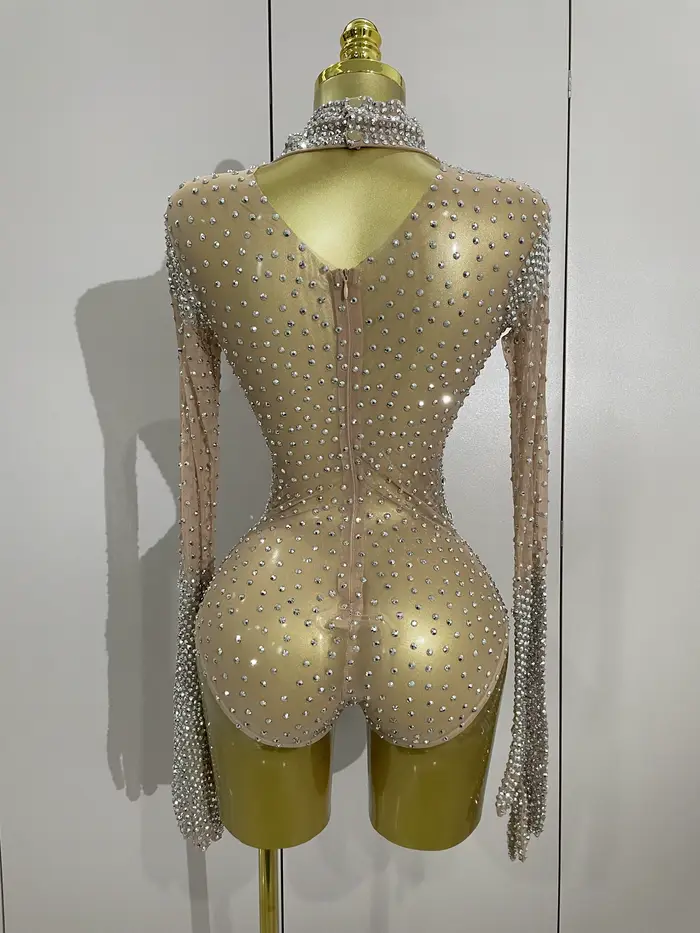 Gants à manches longues avec strass scintillants, body extensible pour femmes, soirée de luxe, fête 