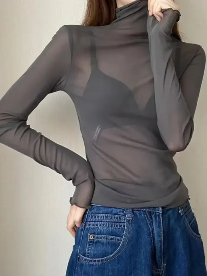 Femmes Sexy T-Shirt voir à travers des hauts en maille transparente à manches longues pure mince dam
