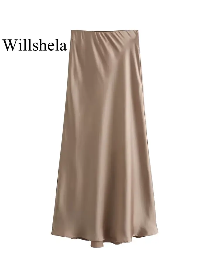 Willshela femmes mode Satin solide plissé jupe Midi Vintage taille mi élastique femme Chic dame jupe