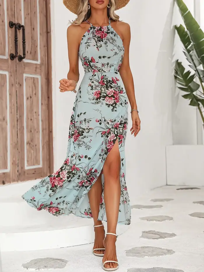 Robe dos nu pour femmes, imprimé Floral, fente haute, cuisses, été, sans manches, Sexy, moulante, pl
