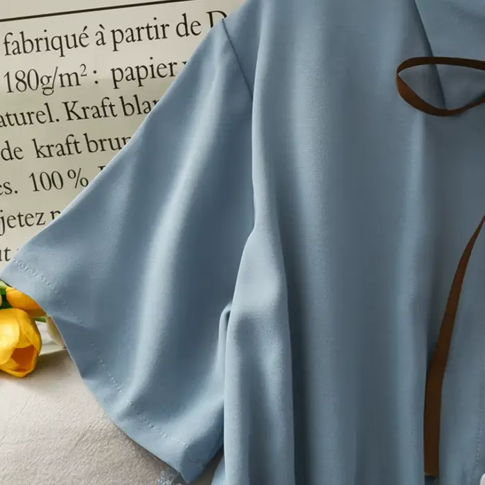 Robe en mousseline de soie avec nœud pour femme, monochromatique, taille haute, col rabattu, style p