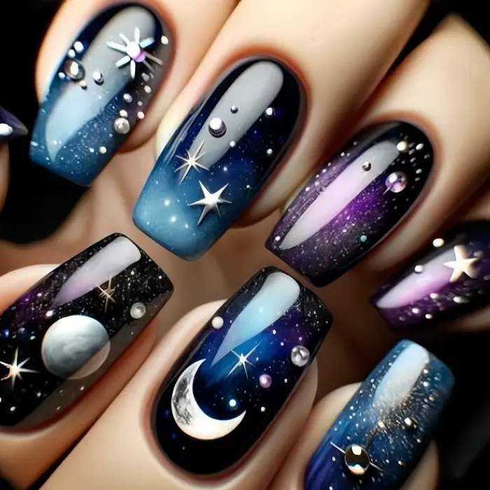 Faux ongles carrés longs moyens pour femmes, 24 pièces/ensemble, nickel é ciel étoilé, noir, bleu, v