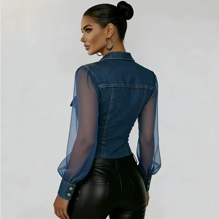 Chemisier vintage en jean et maille transparente pour femme, à manches longues, boutonné, col à reve