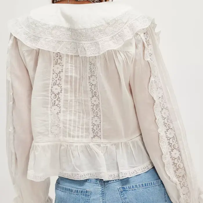 Chemises de plage en dentelle transparente pour femmes, style Boho, boutonné, à volants, manches cou