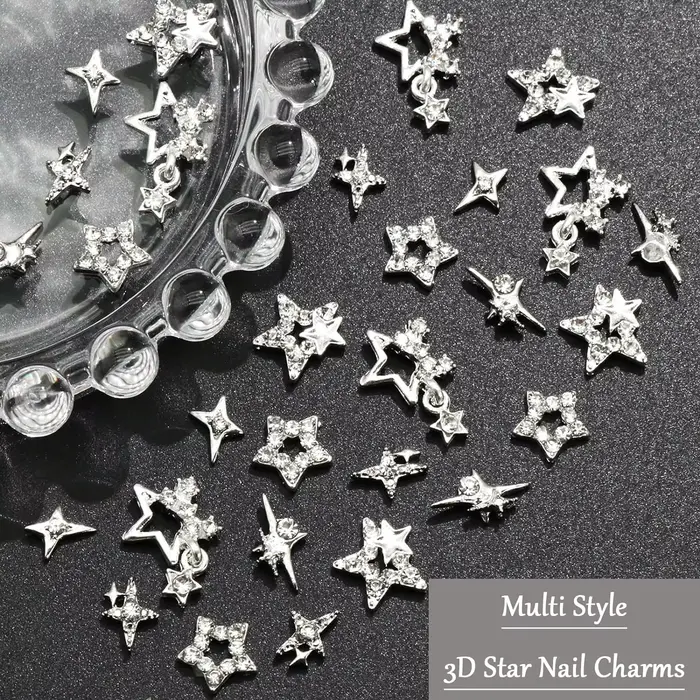 Breloques pour ongles en forme d'étoile argentée, 30 pièces, étoiles 3D brillantes, gemmes pour ongl