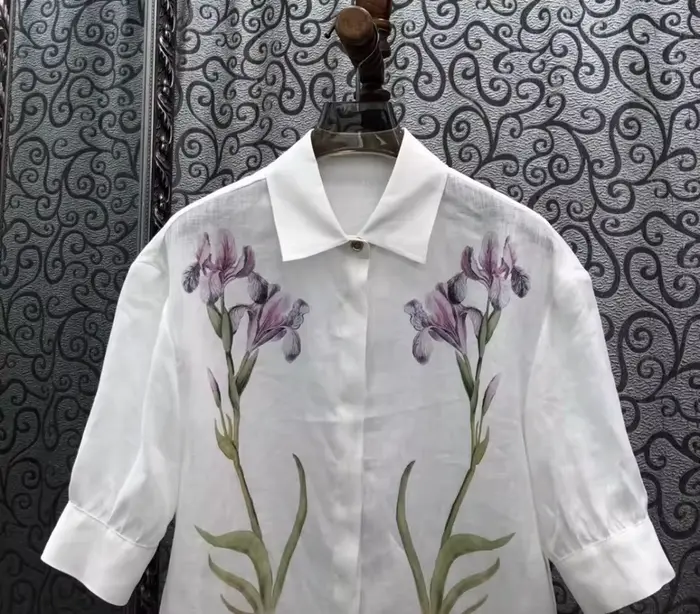 Chemisier 100% Lin pour Femme, Style Printemps-Été 2026, Col Rabattu, Imprimé Floral Violet, Manches