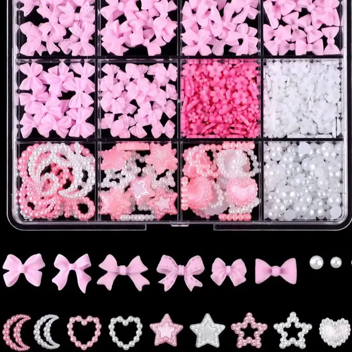 12 grilles 3D résine mixte arc/étoile/lune breloques pour ongles ruban, fleur, perle simulée Nail Ar