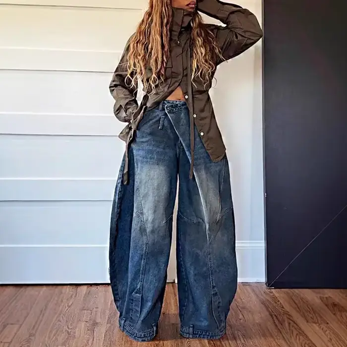 Jean ample vintage en denim pour femme, taille mi-haute, délavé et déchiré, longueur ras du sol, sty