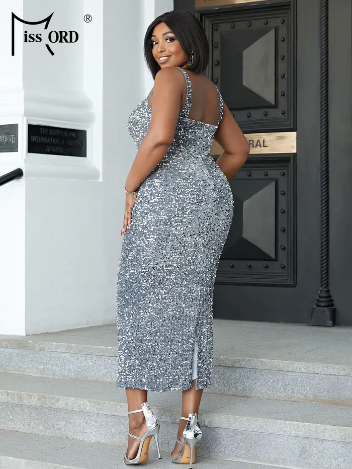 Missord gris paillettes Midi grande taille robe de soirée de mariage femmes élégantes large sangle m