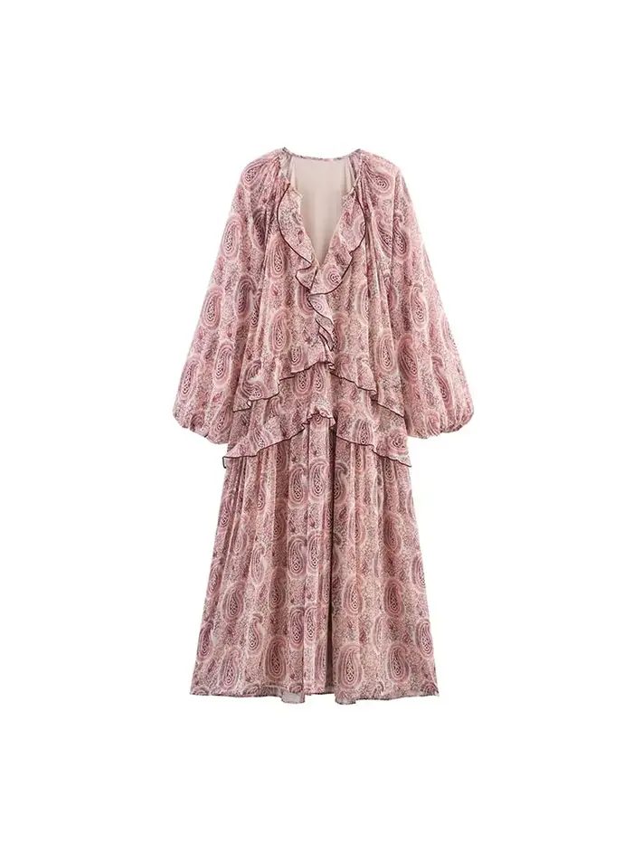 Robe MIDI d'été en mousseline de soie pour femmes, imprimé Vintage, col en v, volants en cascade, ma