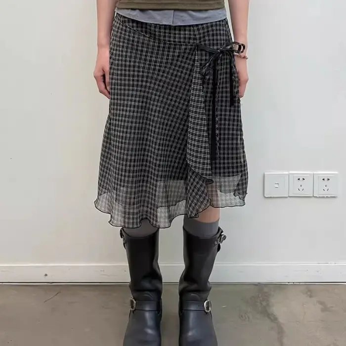 Deeptown Vintage Plaid Síťovaná Sukně pro Ženy Japonská Asymetrická Midi