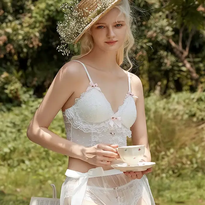 Ensemble soutien-gorge et culotte français pour femmes, lingerie Lolita, sous-vêtements pour filles, rétro, mince, mignon, dentelle blanche, sans fil, soutien-gorge transparent