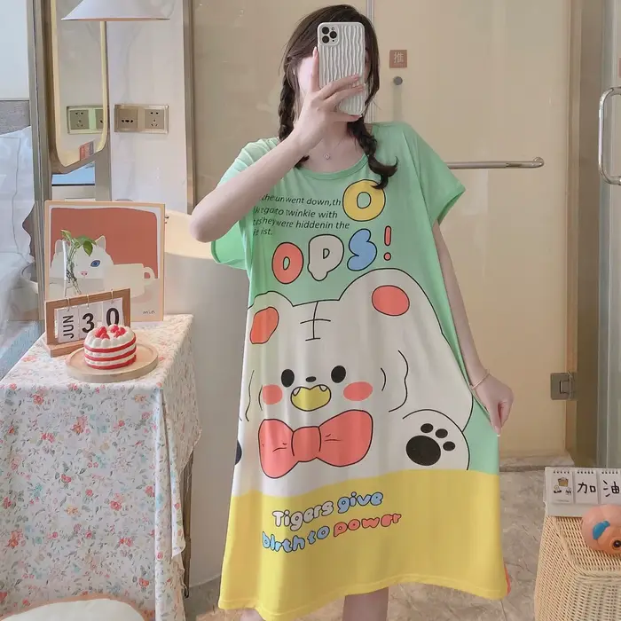 Chemise de nuit d'été et d'automne pour filles, 1 pièce, robe confortable à manches courtes, vêtements de maison pour femmes, pyjama en Polyester