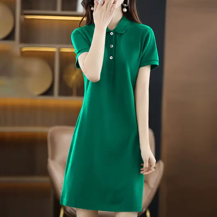 Robe longue à col polo pour femme, 100% coton doux, pull grande taille, pull à manches courtes, robe