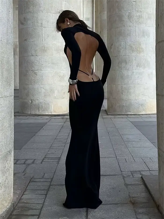 Dámské Elegantní Podzimní večerní šaty Ženy Dlouhé rukávy Akt Zpět Bodycon Maxi Noční šaty Klubové oblečení Podzimní oblečení