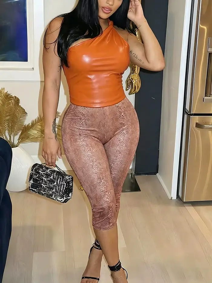 Set Hipster Sisterlinda Top Manches Courtes Polyuréthane et Short Mollets Pour Femmes Occasions Spéciales