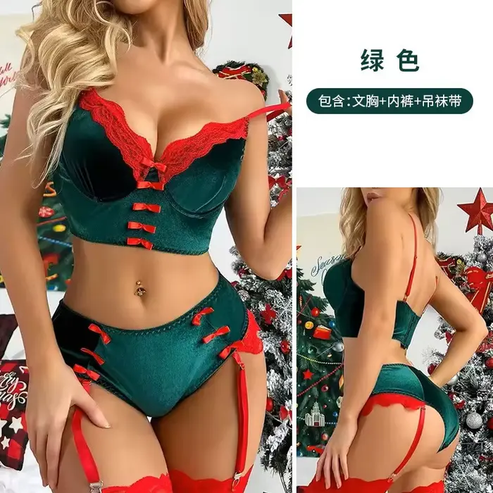 Ensemble de lingerie de Noël en velours Golden Velvet pour femmes avec motifs festifs et soutien-gorge sans couture pour occasions spéciales