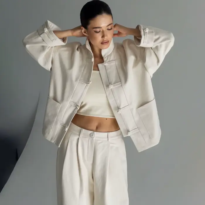 VTKW 2026 Nouvel ensemble veste et pantalon pour femme style chinois, col mandarin, boutons grenouil