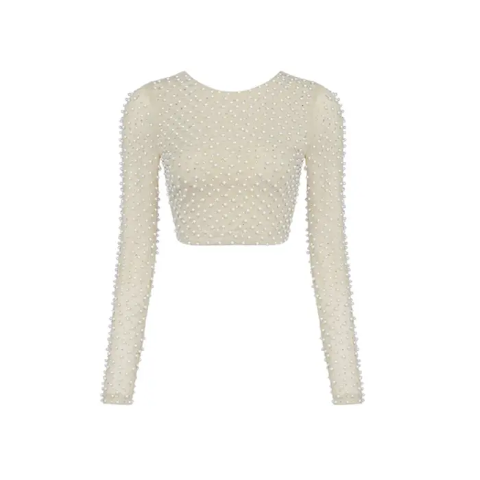 Sexy perles haut tendance femmes à manches longues vêtements Club fête Sexy maille Vintage élégant h