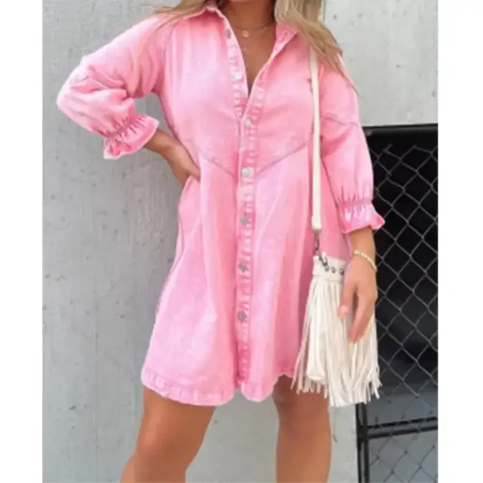 Robe chemise en jean pour femme, col rabattu, manches lanterne, simple boutonnage, ligne A, robe édu