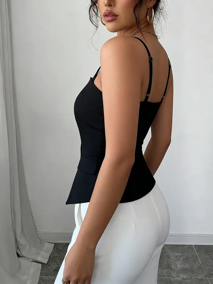 Débardeur décontracté pour femme, noir, printemps-été, à fines bretelles, col cœur, boutonné, coupe 