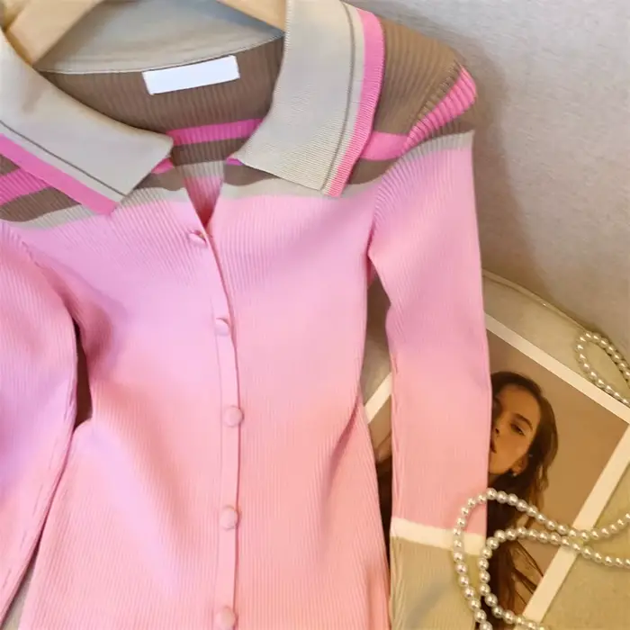 ​ ​ Cardigan ajusté doux en tricot, Style Blazer rose élégant, col contrasté, vêtements de bureau po