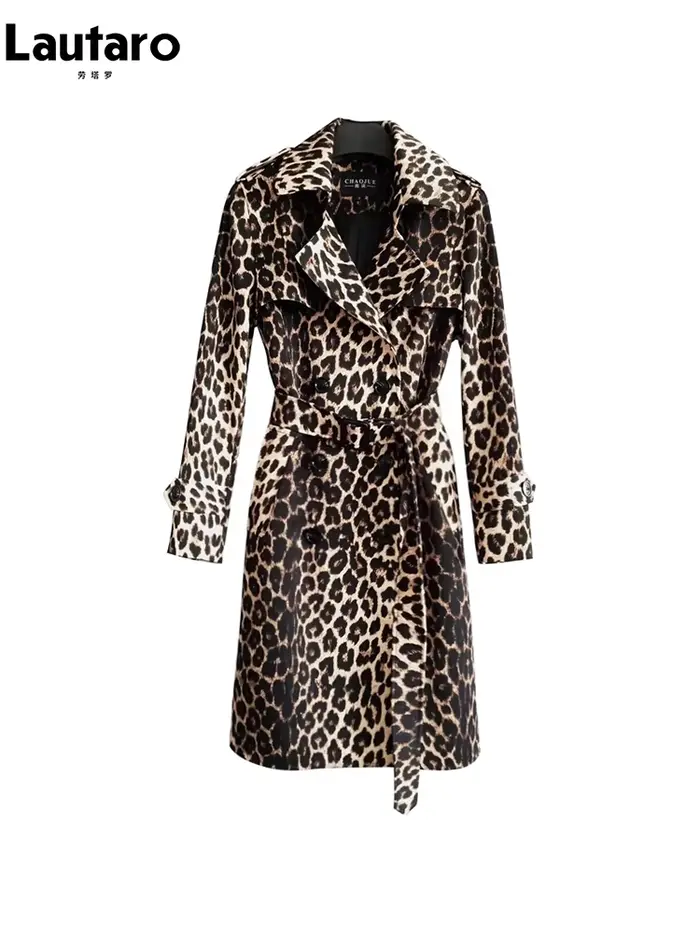 Lautaro printemps automne longue élégant imprimé léopard Trench manteau pour femmes ceinture Double
