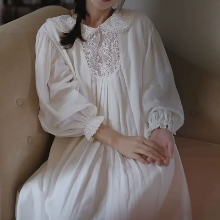 Chemises de nuit pour femmes 100% coton à manches longues, style princesse, avec dentelle, col rabattu, blanches, longues jusqu'aux chevilles, amples