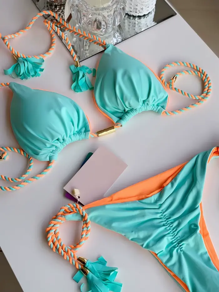 Sexy couleur unie deux pièces Triangle maillots de bain maillot de bain pour femme tressage corde Bi