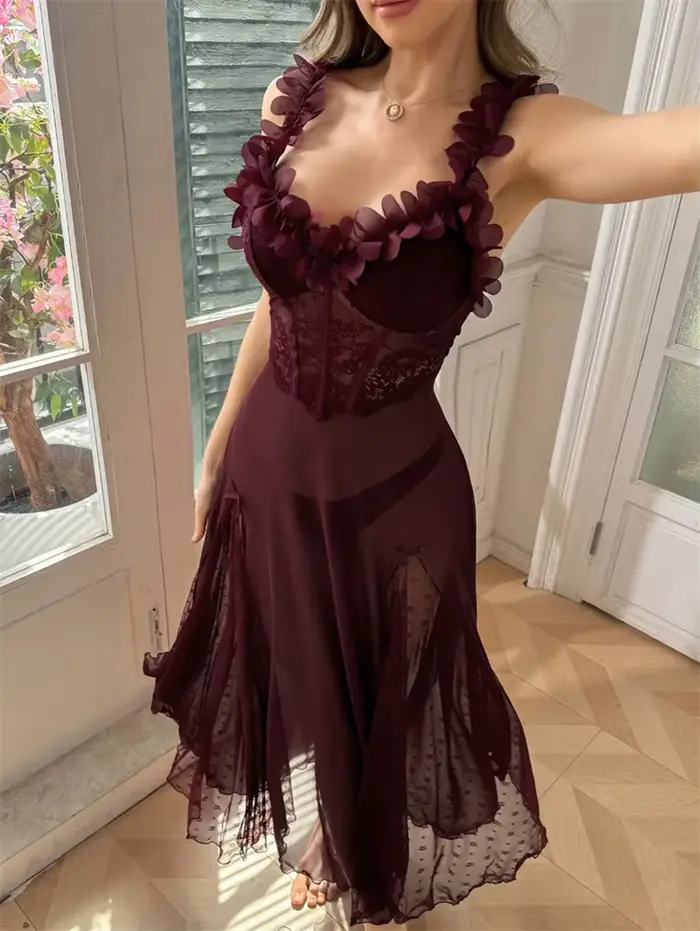 Robe de nuit femme à bretelles, en maille à pois, avec nœud féerique, longue, style pyjama, à pétales, col en V, dos nu, sexy