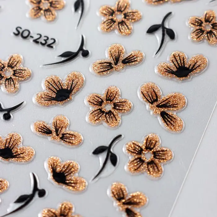 Autocollant 3D pour ongles, 2 pièces, noir, or, paillettes, fleur, pétales brillants, feuilles, Nail