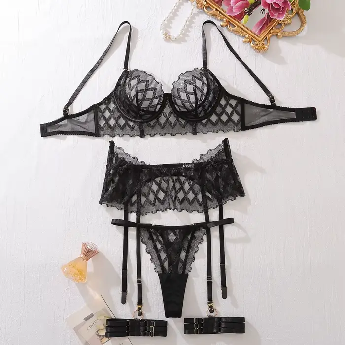 Ensemble de soutien-gorge en dentelle pour femmes, luxe, Sexy, mode, Style géométrique, maille trans