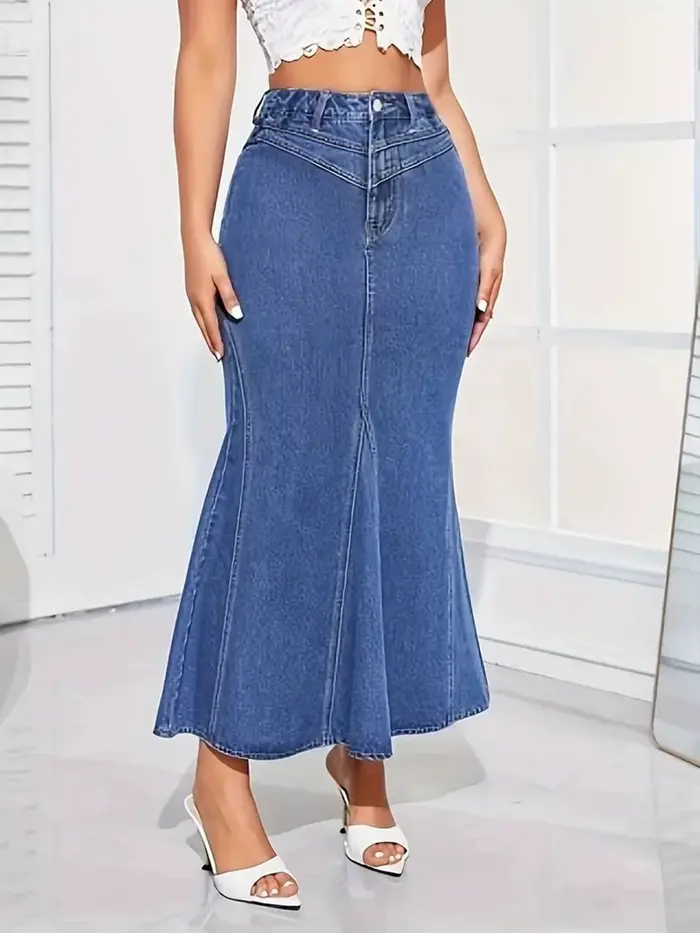 Jupe queue de poisson en jean rétro pour femmes, coupe ajustée, taille moyenne, élastique, demi-jupe