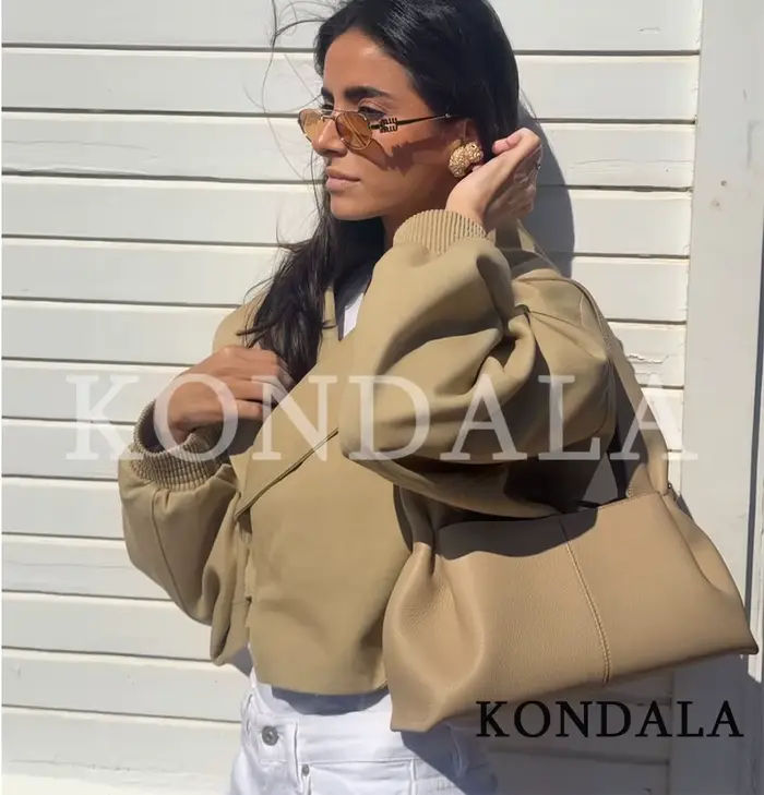 KONDALA Veste Courte Femme Urbaine Chic et Décontractée avec Ceinture, Style High Street, Élégante e