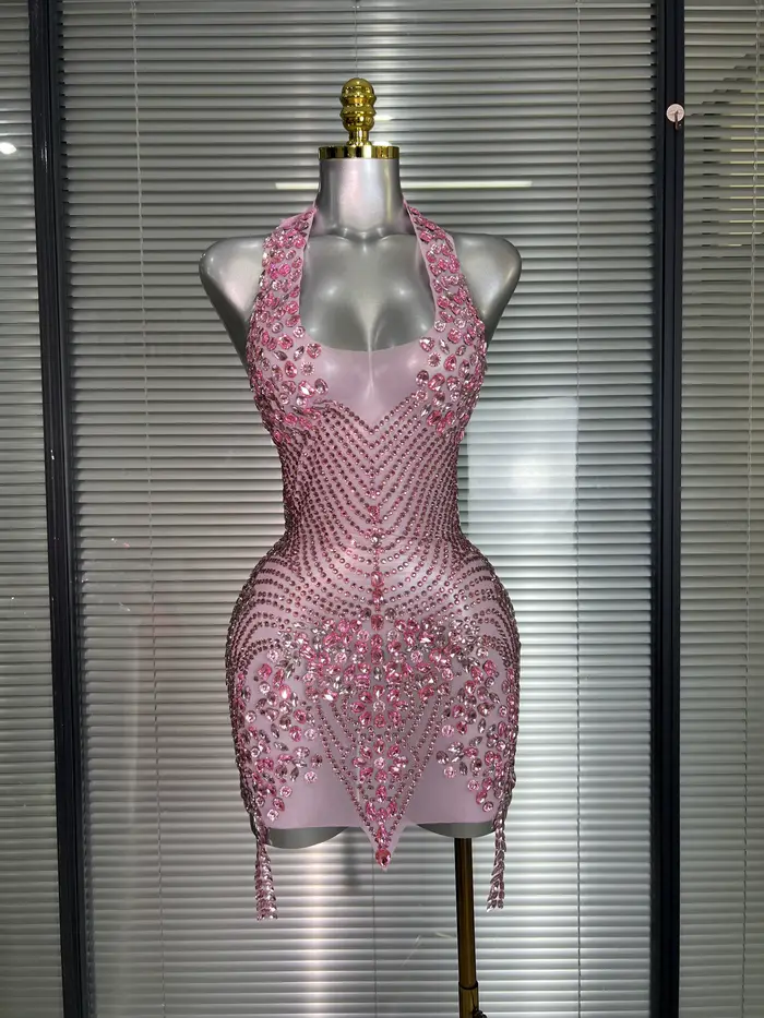 Celebrita nová sexy růžová síťovaná halenka na jeviště Performance Kostým tanečnice zpěvák noční klub Mini šaty