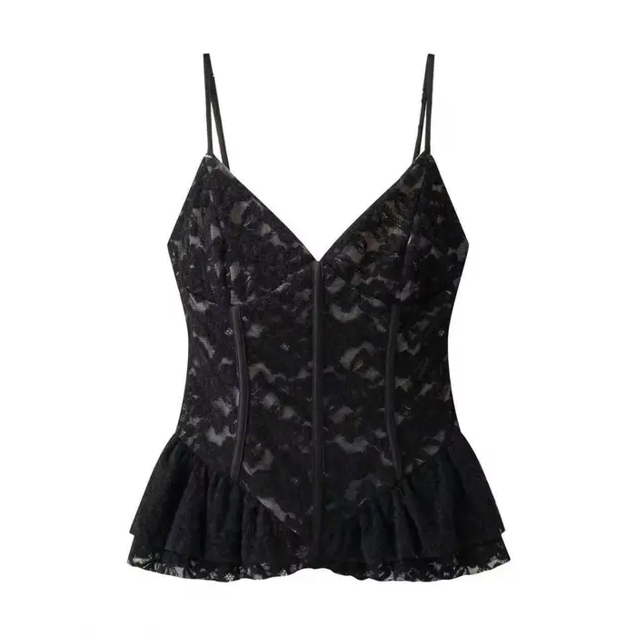 CharmChant hauts pour femme dentelle noire à volants Sexy coupe ajustée Corset recadrée Y2k Harajuku