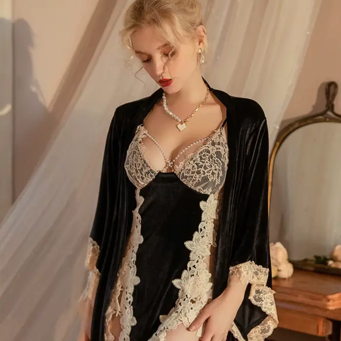 černá sametová noční prádlo sada pro ženy, twinset šaty, sexy noční košile s krajkou hranice, sametové domácí šaty, obývací pokoj oblečení, podzim a zima