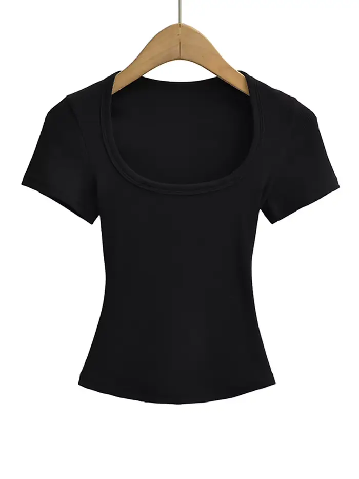 Col carré haute Stretch été culture hauts femmes à manches courtes hauts Sexy pull sommets Blouses m