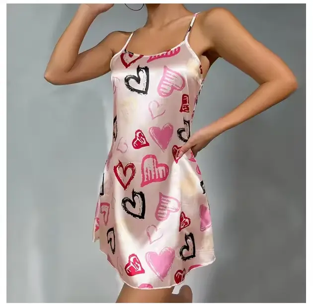 Sexy saténová noční košile pro ženy, noční prádlo, spodní prádlo, květinový potisk, mini šaty