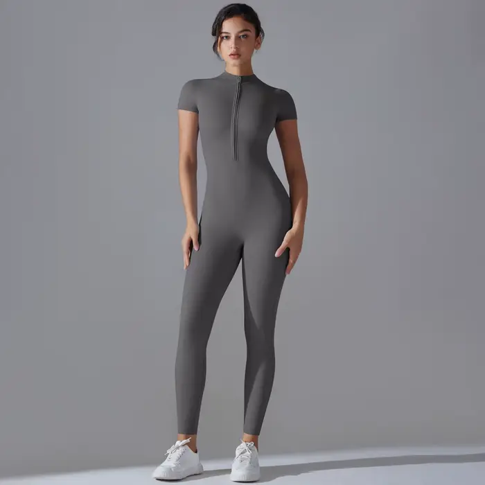 Ensemble de Yoga, combinaisons une pièce pour femmes, fermeture éclair, manches courtes, vêtements d